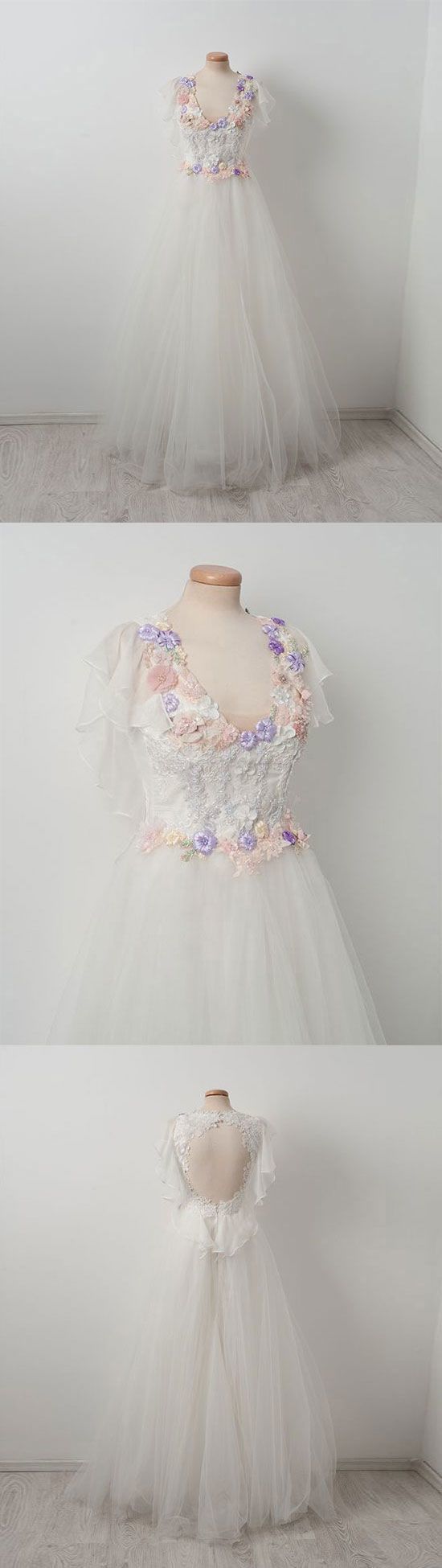 Elegant tulle lace applique white long prom dress, white evening dress   cg10407