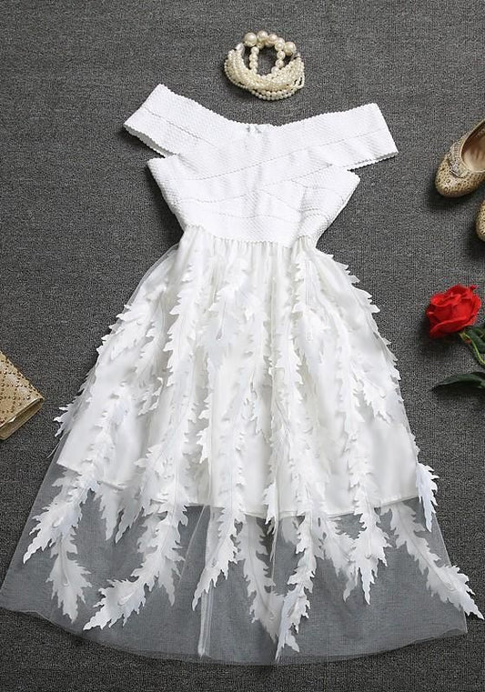 White Floral Patchwork Tulle Bandage Off Shoulder Homecoming Party Flowy Midi Dress   cg10423