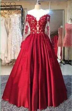 Cute Prom Dress, Ball Gown Prom Dress, Red Lace Evening Dress, Evening Dress With Sleeves, Evening Dress Lace   cg10427