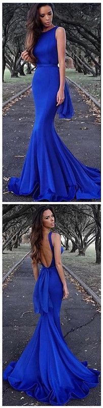 Simple royal blue party dress, stain backless long prom dress, mermaid slit prom dress   cg10441