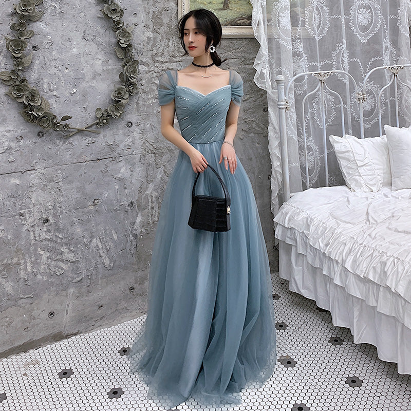 BLUE TULLE LONG PROM DRESS, EVENING DRESS   cg10459