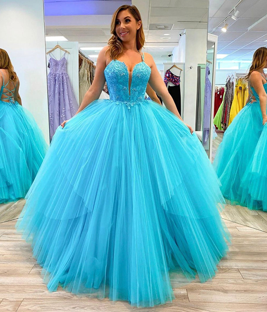 BLUE TULLE LACE LONG PROM GOWN EVENING DRESS   cg10466