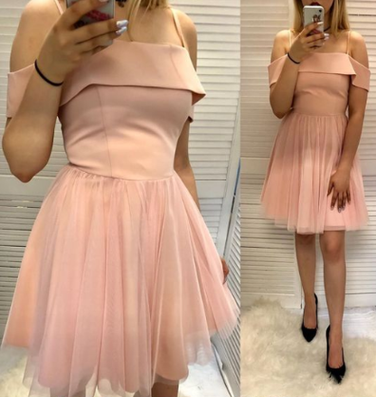 A Line Spaghetti Straps Pink Short Homecoming Dress With Ruffles cg1047