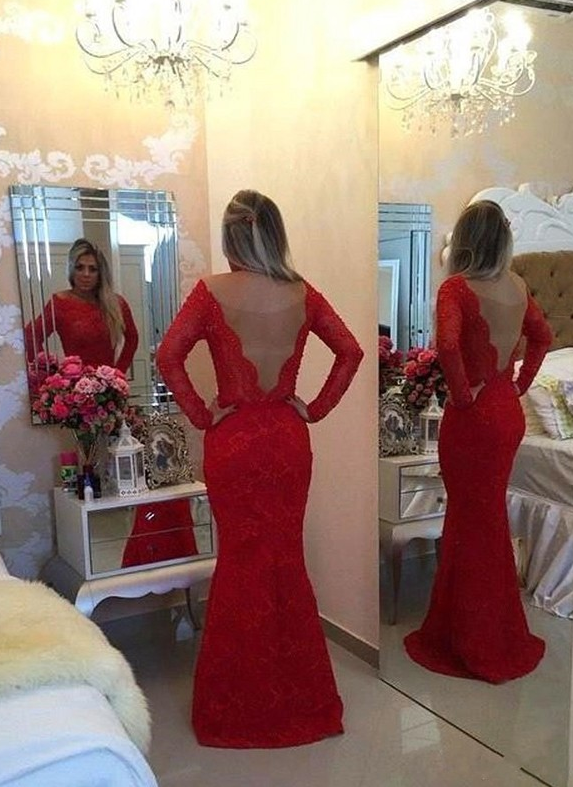 Mermaid Long Sleeves Scoop Lace Long  prom Dress   cg10480