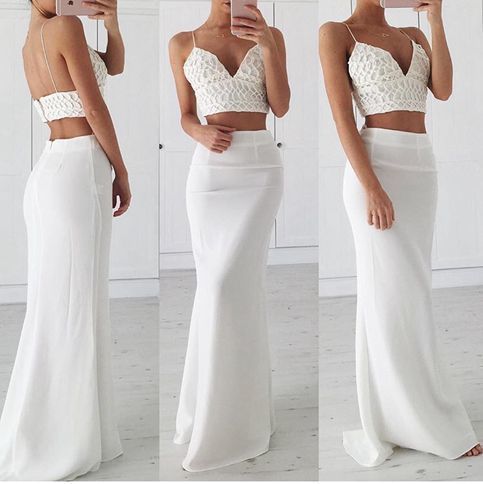 WHITE V NECK LONG PROM GOWN, WHITE FORMAL DRESS   cg10485