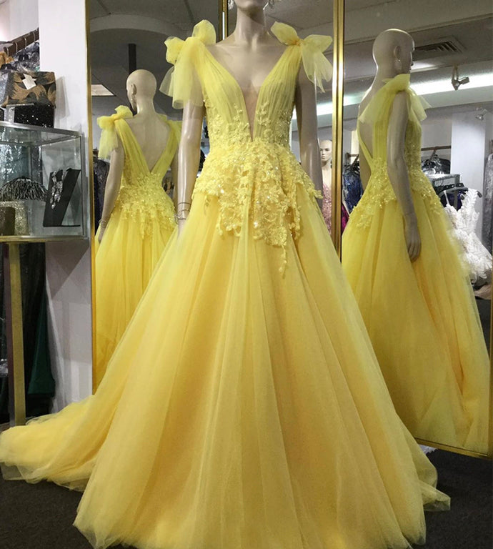 YELLOW V NECK TULLE LACE PROM DRESS EVENING DRESS   cg10489