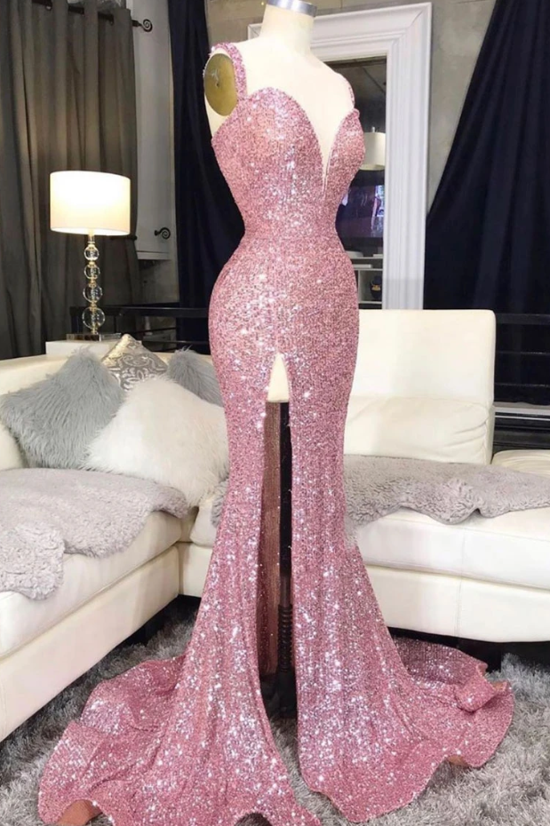 Pink sweetheart sequin mermaid long prom dress pink evening dress   cg10513