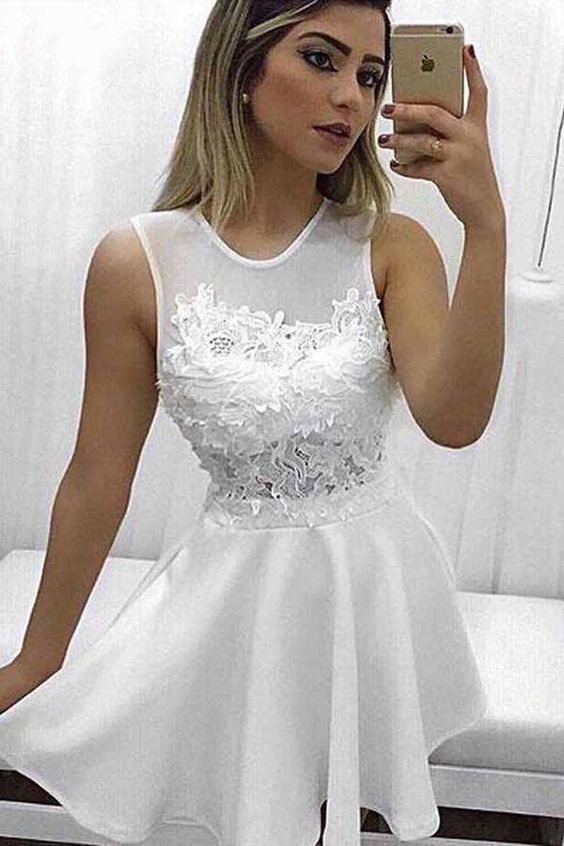 A-line Scoop Lace Appliqued Little White Dresses Homecoming Dresses cg1052