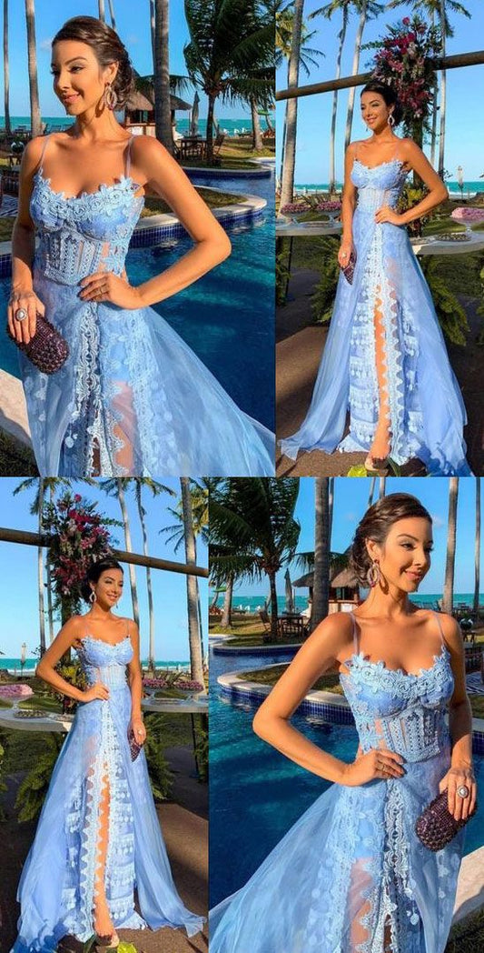 Spaghetti Straps Blue Prom Dresses with Appliques   cg10520