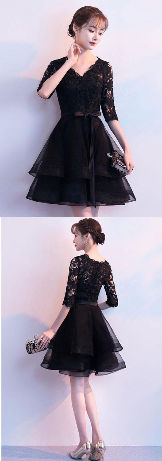 Black V Neck Lace Tulle Short Dress Black Homecoming Dress  cg1054