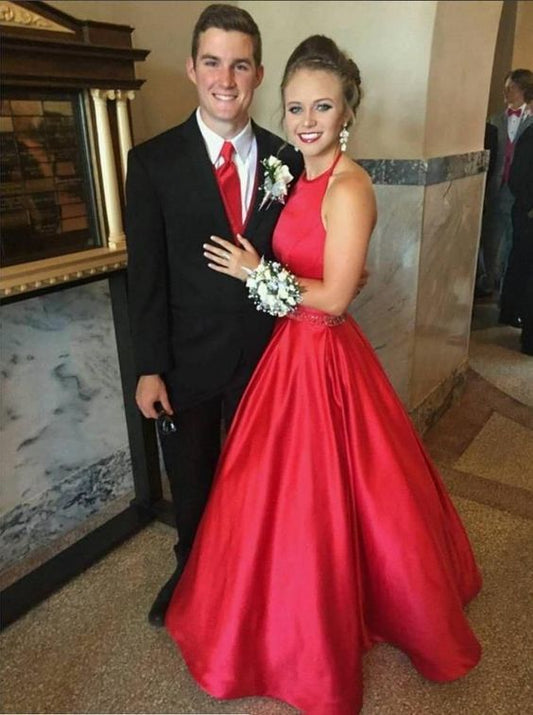 Unique Prom Dress A Line Evening Dress Halter Simple Elegant Prom Dresses Red   cg10540