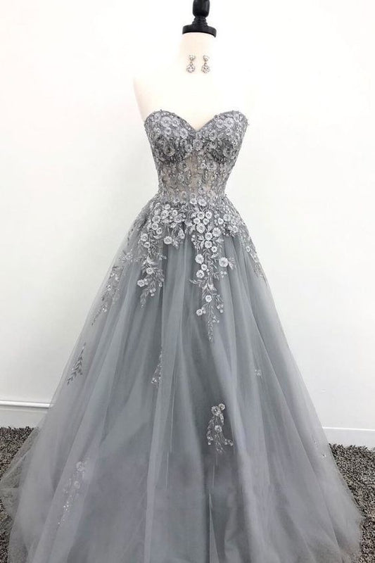 Grey Tulle Lace Appliques Long Prom Dress, Grey Evening Dress   cg10543