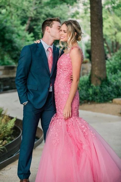 Charming Appliques Tulle Mermaid Evening Dress, Hot Pink Evening Gowns prom dress   cg10554