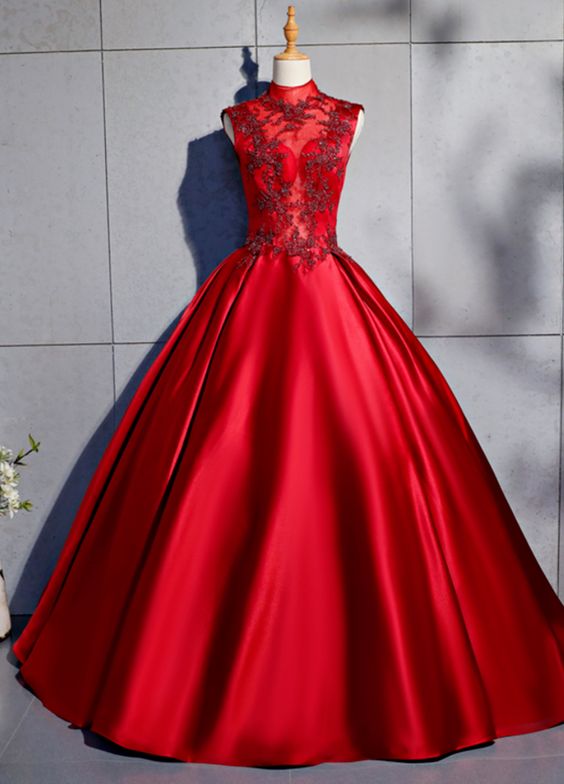Red Satin High Neck Beaded Formal Prom Dress, Halter Evening Dress   cg10560