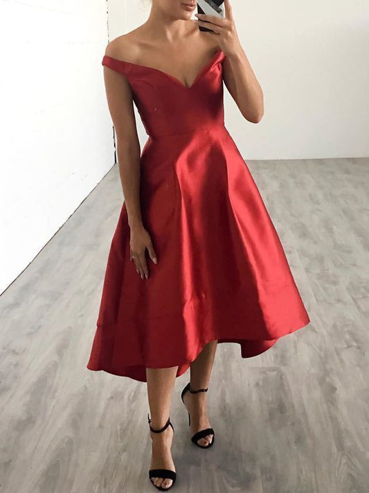 Off-shoulder Red High Low Girl Dress, Satin Party Gowns, Homecoming Dress   cg10573