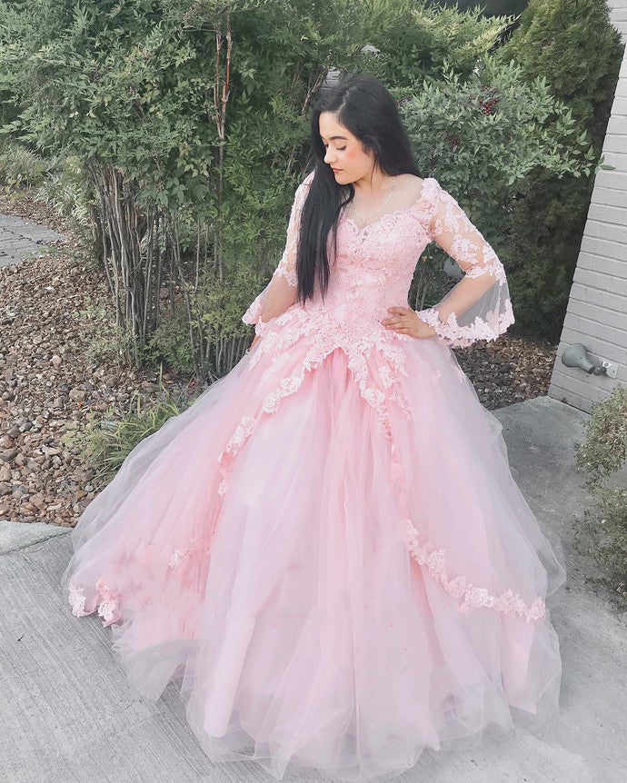 Princess Tulle Pink Puffy Long Sleeve Ball Gown Prom Dress, Sweet Quinceanera Dress   cg10574