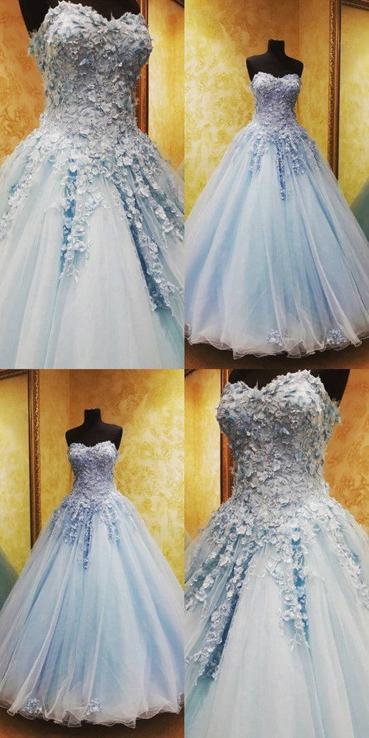 Charming Tulle Appliques Ball Gown Prom Dresses, Blue Quinceanera Dresses   cg10577