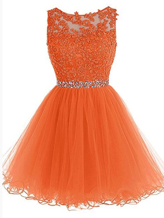 Round Neckline Orange Tulle Beaded Homecoming Dress, Short Party Dress Graduation Dress   cg10581