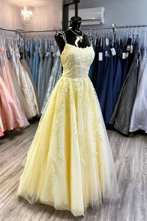 Yellow Lace Long Prom Dress    cg10603