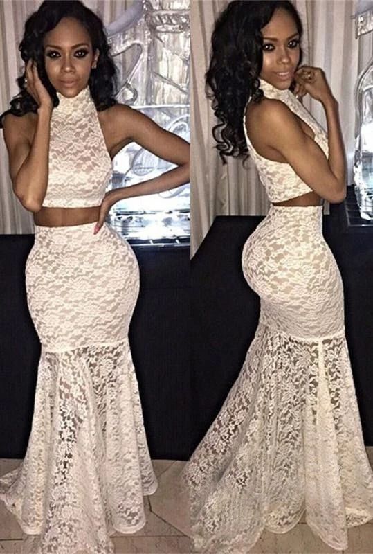 prom dresses, 2 pieces lace prom party dresses, sexy mermaid prom party dresses, lace party dresses, halter prom party dresses   cg10610