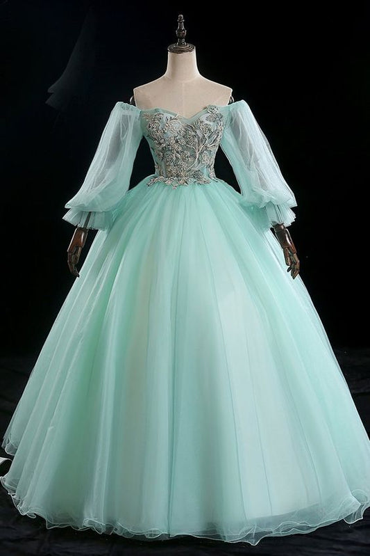 Green Tulle Off Shoulder Long Puffy Sleeve Formal Prom Dress With Lace Applique   cg10616