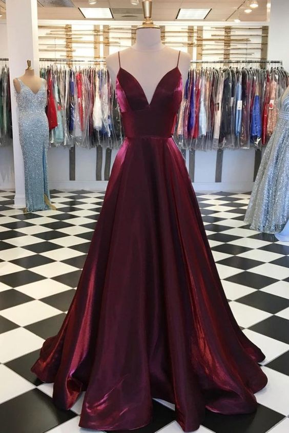 Simple Burgundy Satin V Neck Long Evening Dress, Prom Dress   cg10624