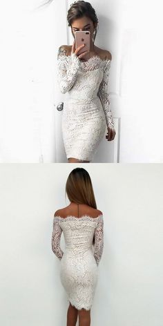 Off-the-Shoulder Long Sleeves White Lace Homecoming Dress   cg10628