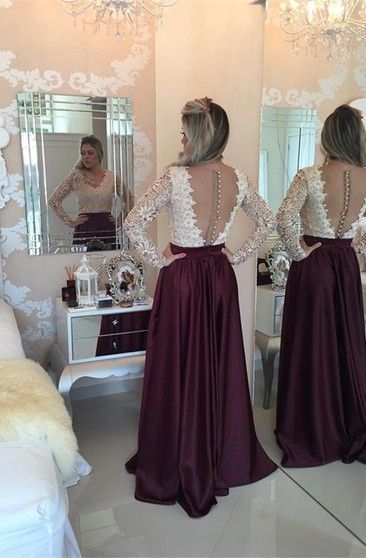Stunning Long Sleeve Lace Pearls Prom Dresses   cg10634
