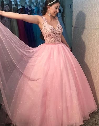 Pink Ball Gown Prom Dress with Illusion Bodice   cg10635