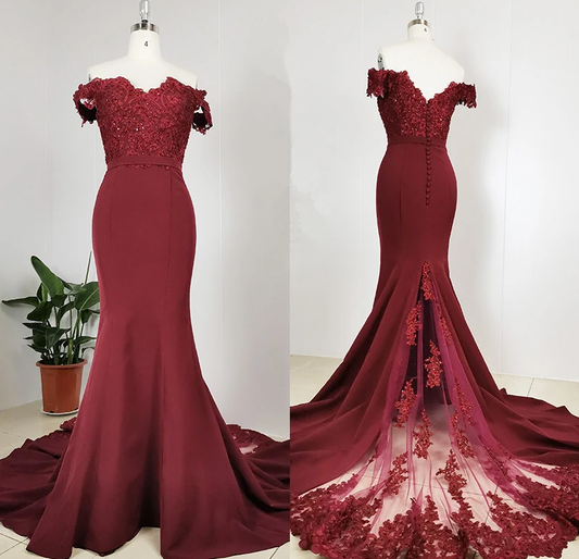 Burgundy Off Shoulder Handmade Mermaid Bridesmaid Dress, Long Prom Dress Evening Dress   cg10645