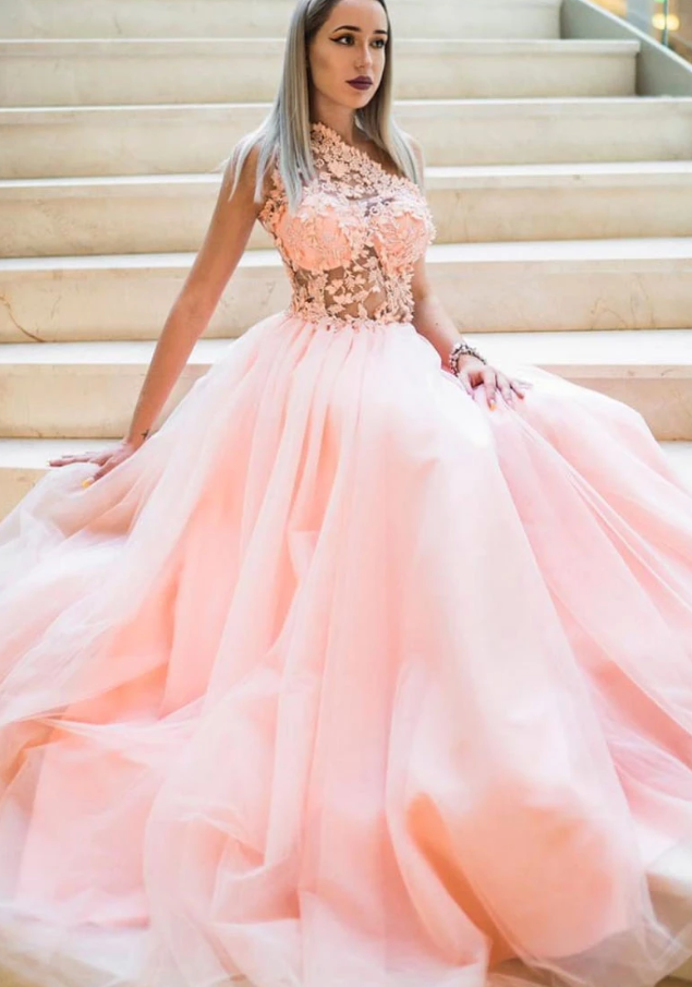 Pink tulle lace one shoulder long prom dress pink lace bridesmaid dress   cg10649