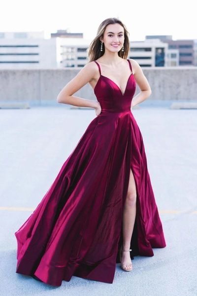 Burgundy V-neck Split Slit Long Prom Dress, Backless Evening Dress   cg10653