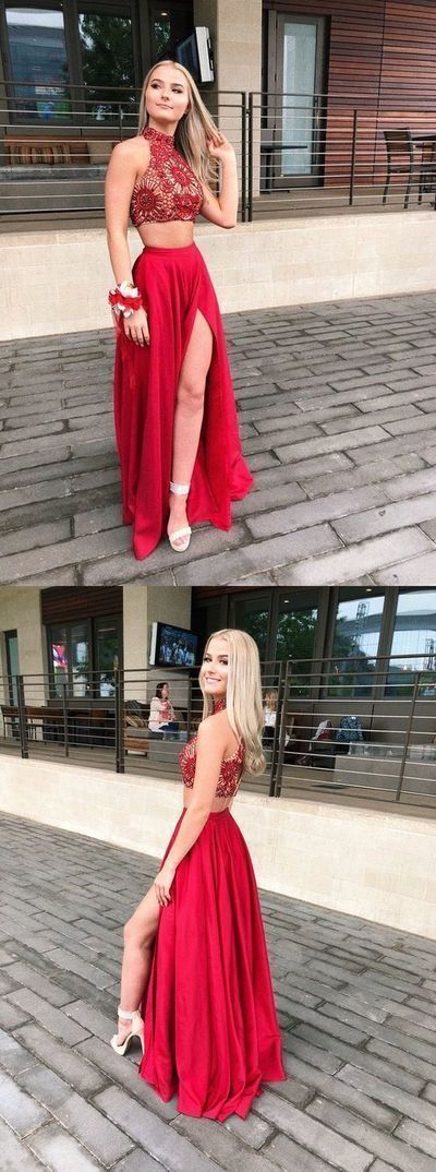 A Line Two Pieces High Neck Lace Red Prom Dresses, 2 Pieces Red Graduation Dresses, Formal Dresses cg1066