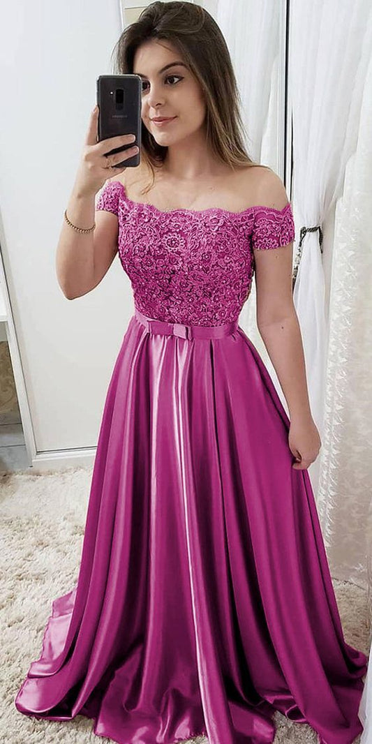 Chic Tulle & Satin Off-the-shoulder Neckline Floor-length prom dress With Beaded Lace Appliques & Bowknot   cg10678