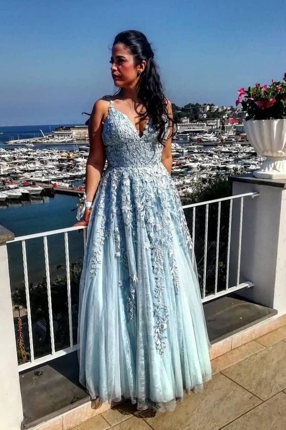Elegant Blue Appliques Tulle Prom Dress, Long Evening Dress   cg10680