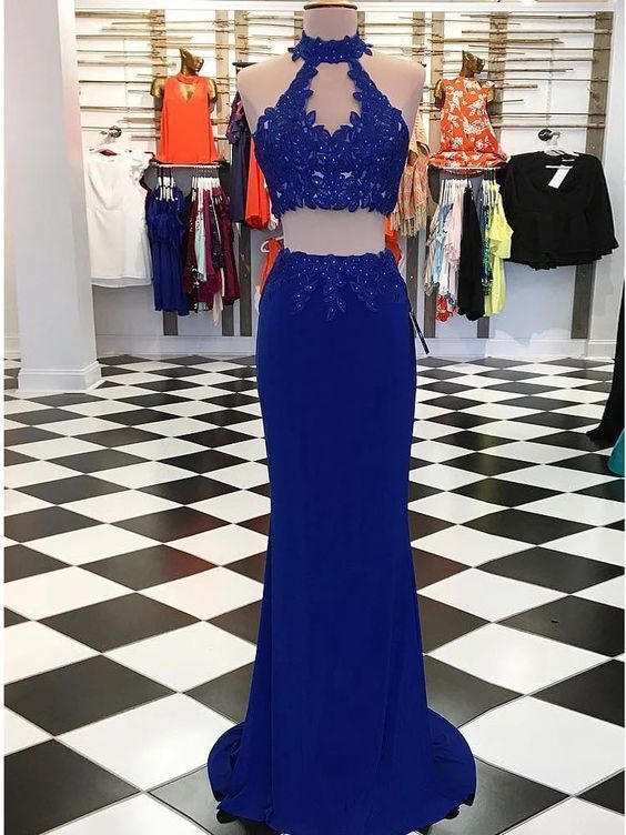 Elegant Lace Appliques Two Piece Prom Dress, Halter Prom Dresses, Dark Blue Long Party Dress   cg10696
