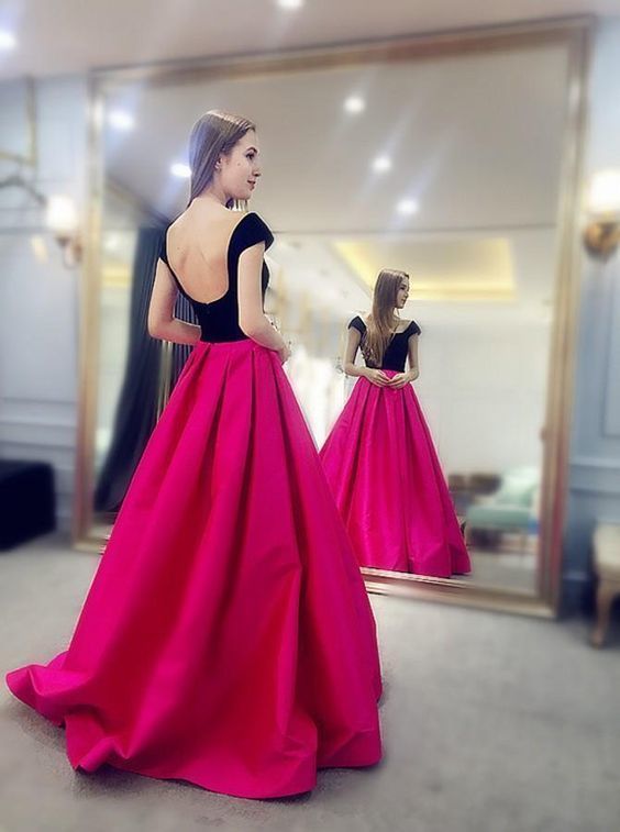 A-Line Square Cap Sleeves Backless Sweep Train Fuchsia Prom Dress   cg10703