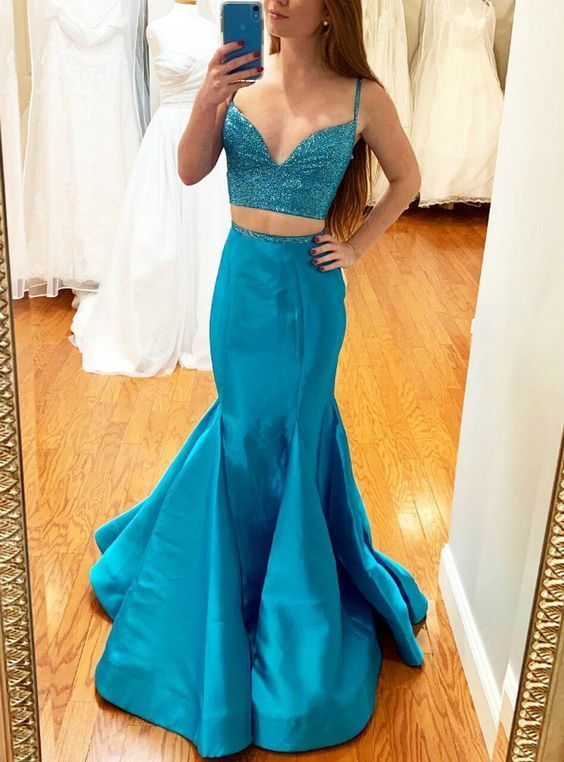 Blue Mermaid Two Piece Satin Spaghetti Straps Prom Dress   cg10704