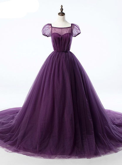 Purple Ball Gown Tulle Short Sleeve Backless Train Prom Dress   cg10707
