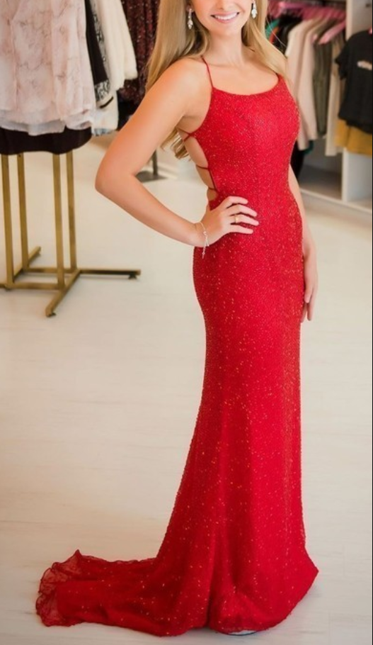 Sexy Backless Red Mermaid Evening Dress, Swee Train Long Prom Dress   cg10714