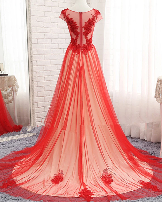 Beautiful Red Tulle Long Cap Sleeves Evening Gown, Long Red Prom Dress   cg10716