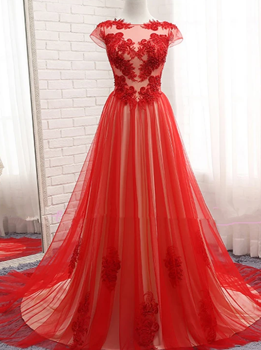 Beautiful Red Tulle Long Cap Sleeves Evening Gown, Long Red Prom Dress   cg10716