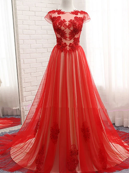 Beautiful Red Tulle Long Cap Sleeves Evening Gown, Long Red Prom Dress   cg10716