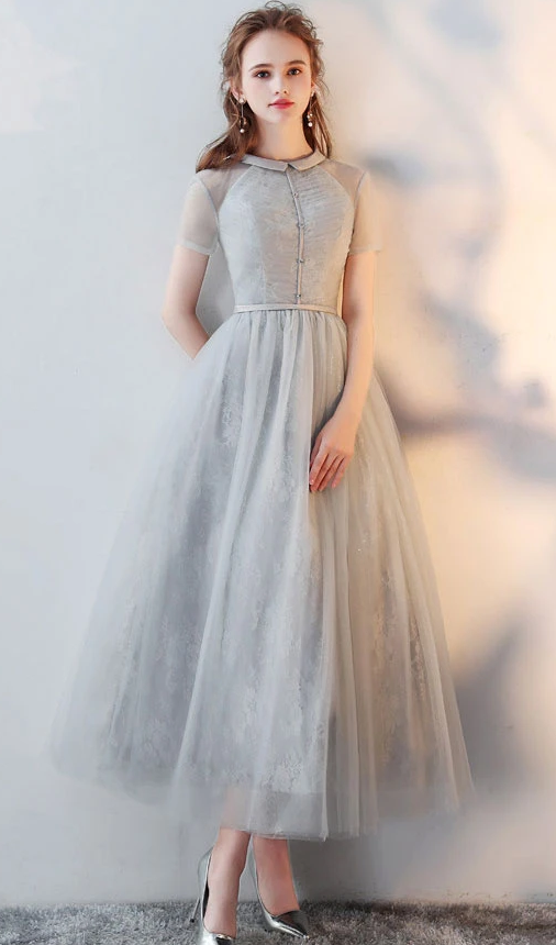 Gray tulle lace tea length prom dress gray tulle formal dress   cg10718