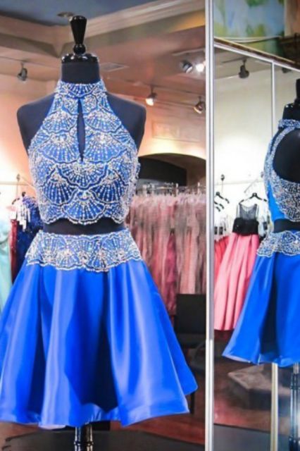 Two Piece High Neck Keyhole Open Back Short Royal Blue Satin Beaded Homecoming Dress  cg10730