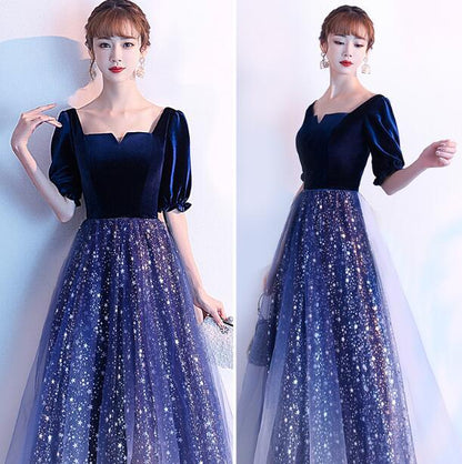 Navy Blue Shiny Tulle And Velvet Long Bridesmaid prom Dress, Wedding Party Dress   cg10754