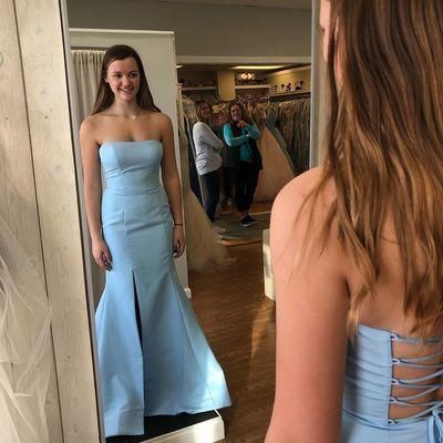 Blue Strapless Satin Mermaid Evening Dress, Formal Slit Trumpet Long Prom Dress   cg10783