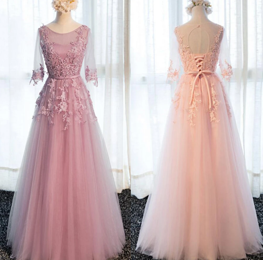 Beautiful Pink Tulle 1/2 Sleeves With Lace Applique Bridesmaid Dress, Long Prom Dress  cg10786