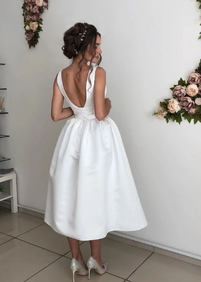 SIMPLE V NECK SATIN BRIDESMAID DRESS, TEA LENGTH PROM DRESS  cg10788