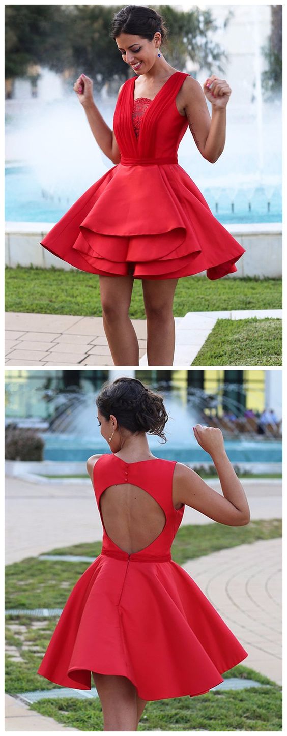 Homecoming Dresses ,Red Satin Mini Lace Cocktail Party Dress, Short Sexy Homecoming Dresses   cg10798